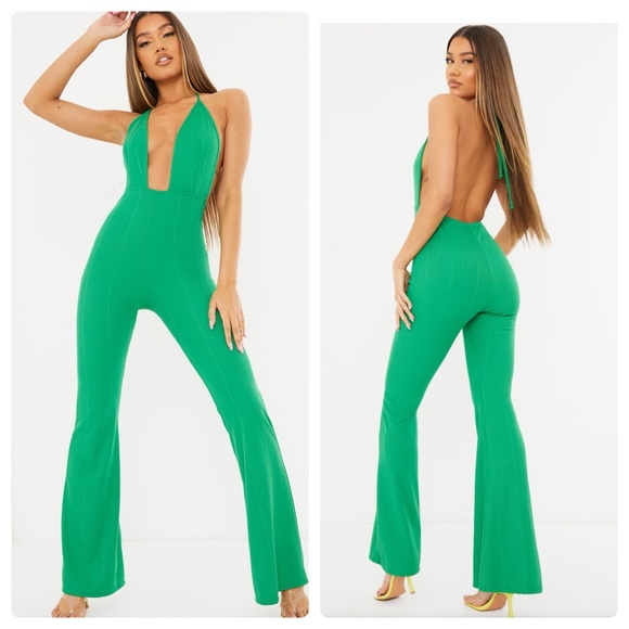 PrettyLittleThing Plunge Halter Neck Wide Leg Green Stripe Jumpsuit US 10 - Picture 1 of 10
